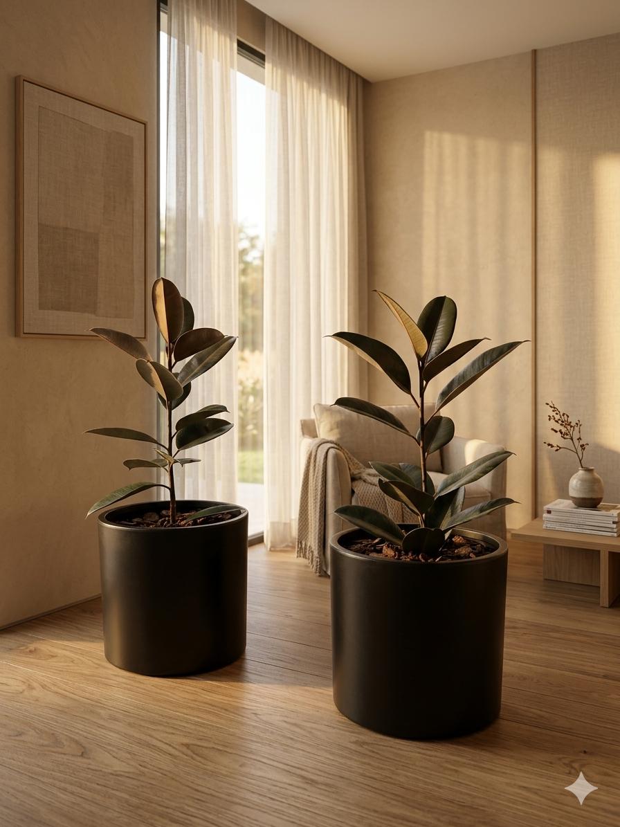 Gomero Burgundy en maceta Cilindro, composición lista para interior