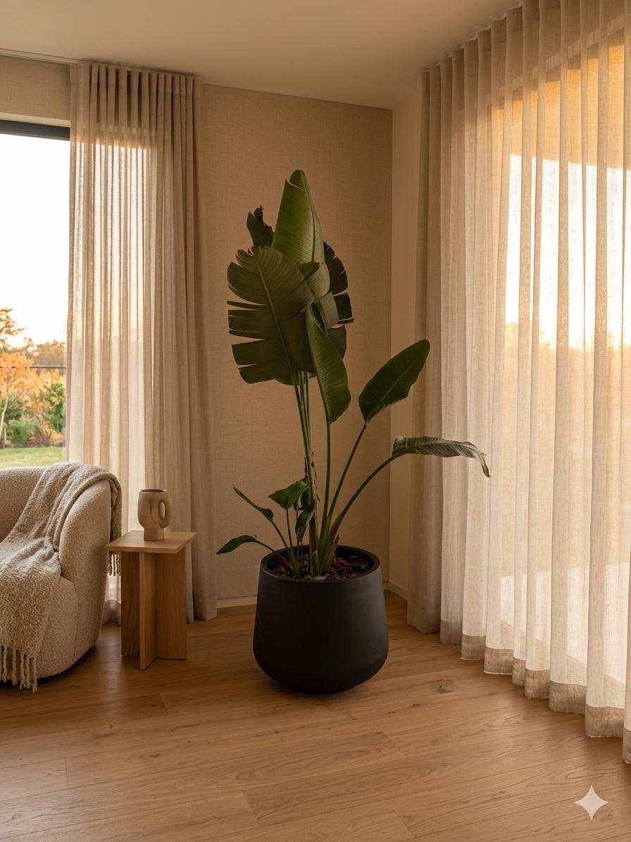 Strelitzia Nicolai en maceta Arizona, composición lista para interior